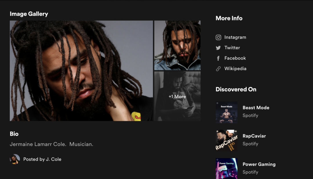 J Cole Spotify Artist Page